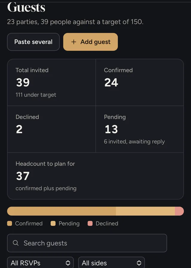 Guests page showing 39 invited, 24 confirmed, 2 declined and 13 pending