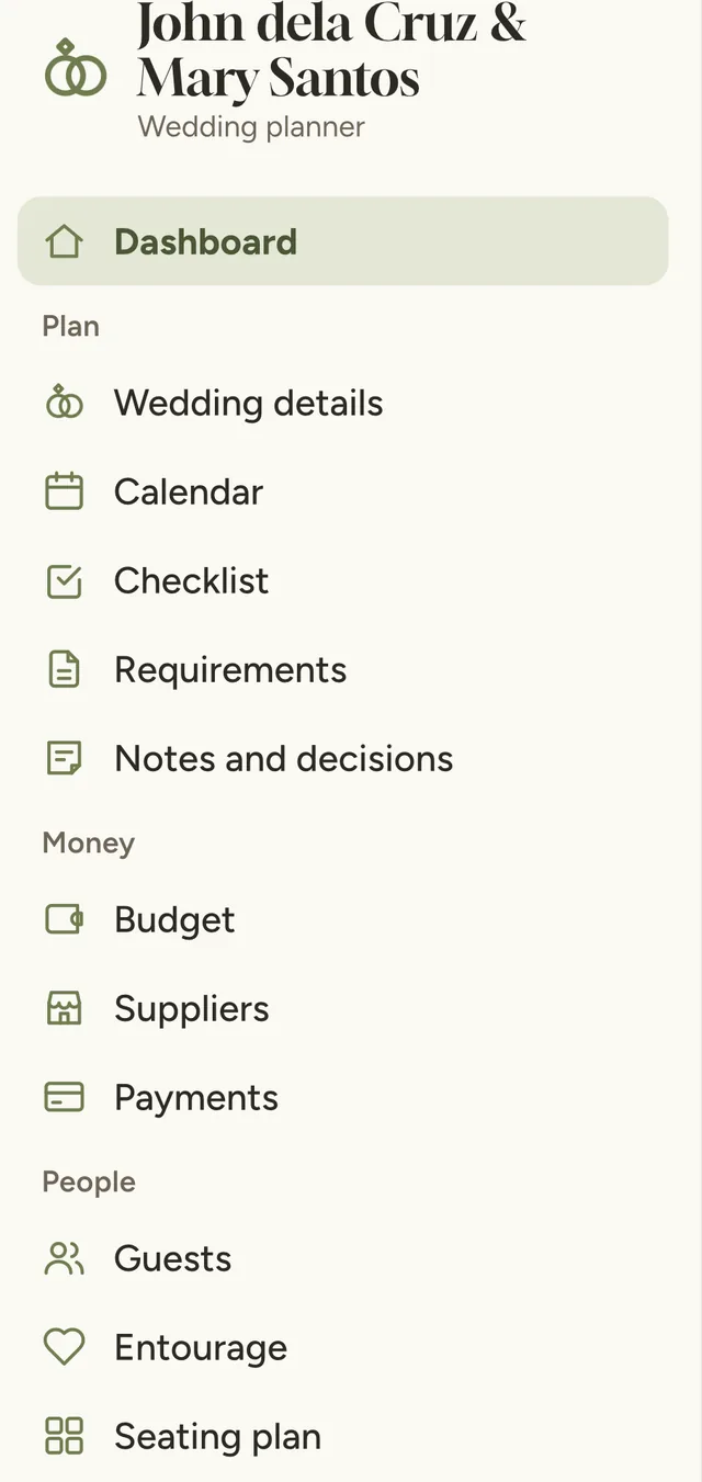 Planner menu listing Dashboard, Wedding details, Calendar, Checklist, Requirements, Notes and decisions, Budget, Suppliers, Payments, Guests, Entourage and Seating plan