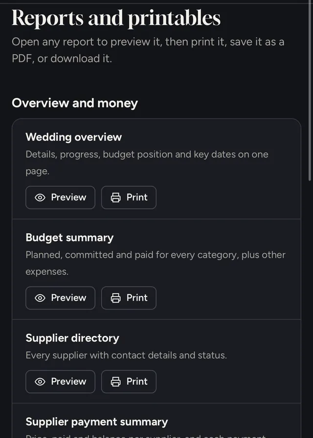 Reports and printables, including a budget summary and supplier directory