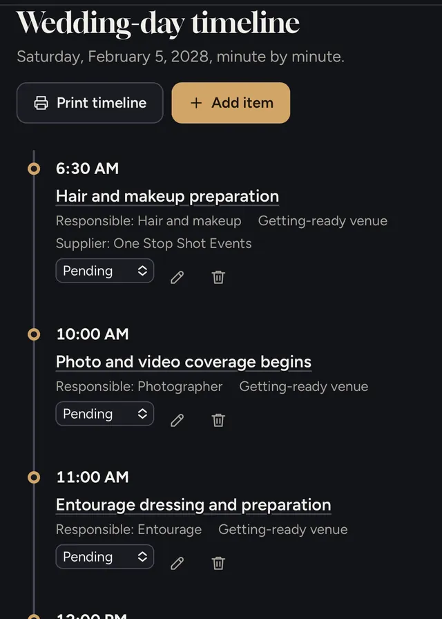 Wedding-day timeline from 6:30 AM hair and makeup to the ceremony setup